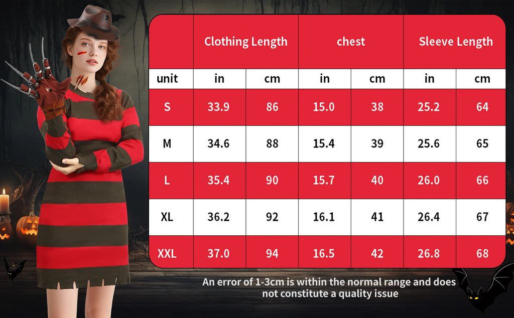 4Pcs Freddy Krueger Costume Women Halloween Nightmare Killer Knitted Dress Hat Gloves Scar Stickers Carnival Costume