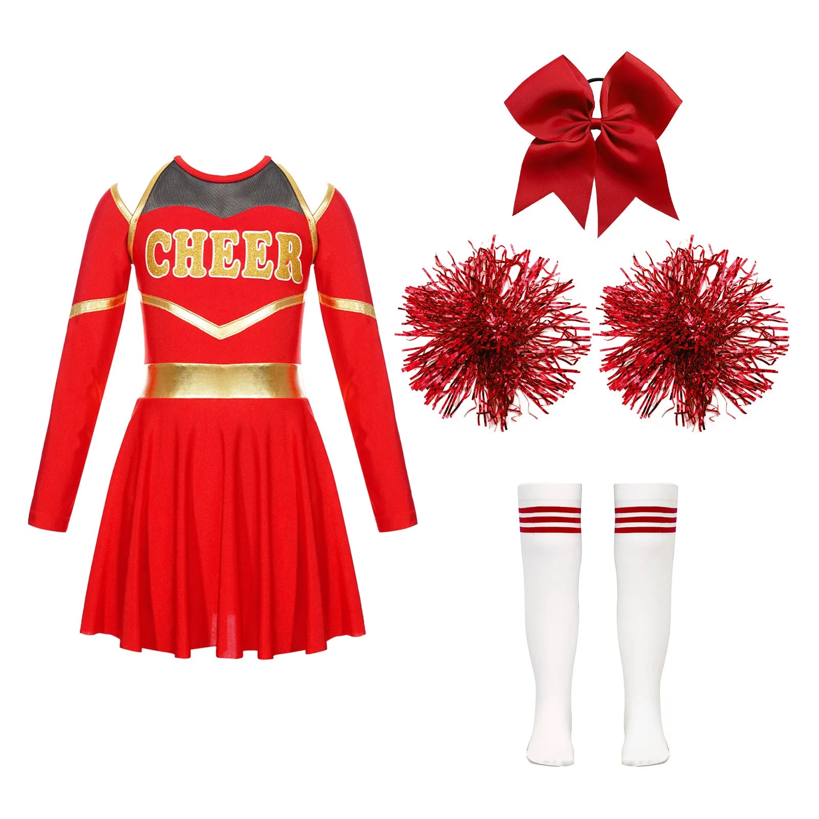 Girl Cheerleading Costumes Dance Uniform Long Sleeves Dance Dress with Hand Flowers Headwear Striped Socks for Stage Performance