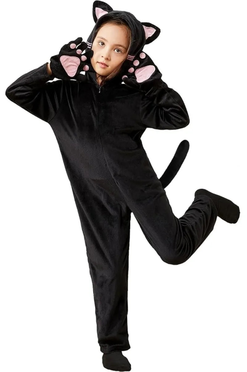 Girls Black Cat Leopard Cat Cosplay Costume Child Anime Pajamas Animal Onesies Kigurumi Christmas Halloween Jumpsuit Party Gift