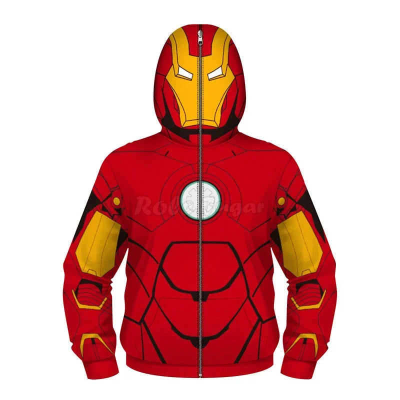 Anime Spiderman /Iron Man Full Zipper Hoodies Cosplay Costume Kids Boys Girls Superhero Cartoon Print Hooded Sweatshirts Outwear