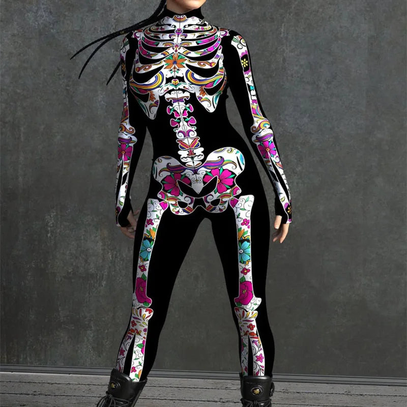 Adult Sexy Women Scary Ghost Skull Bone Costume Rose Skeleton Onesie Printed Bodysuit Devil Jumpsuit Halloween Clothing Zentai