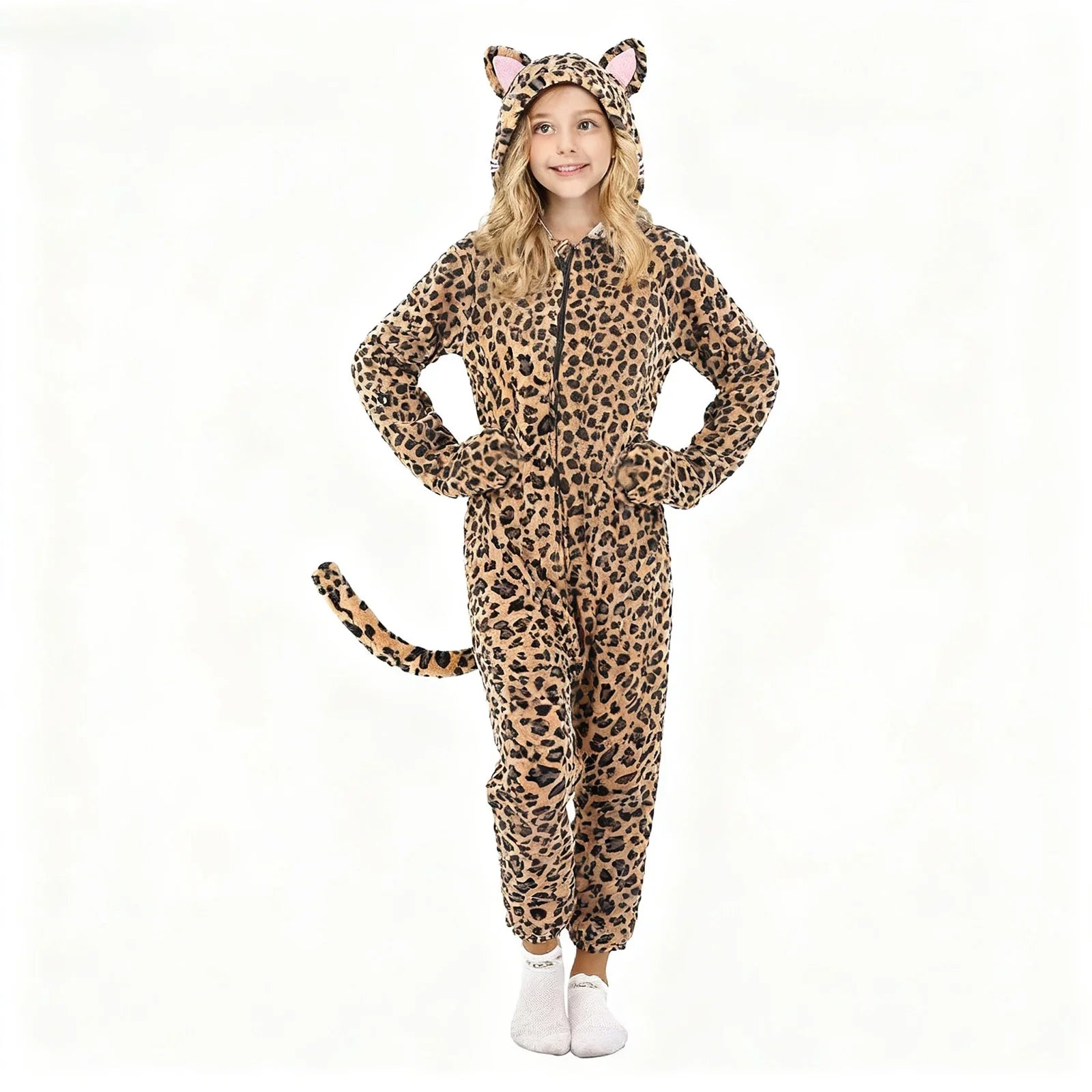 Girls Black Cat Leopard Cat Cosplay Costume Child Anime Pajamas Animal Onesies Kigurumi Christmas Halloween Jumpsuit Party Gift