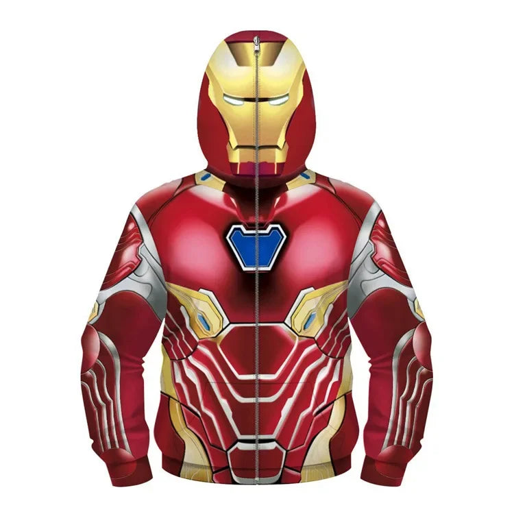 Anime Spiderman /Iron Man Full Zipper Hoodies Cosplay Costume Kids Boys Girls Superhero Cartoon Print Hooded Sweatshirts Outwear