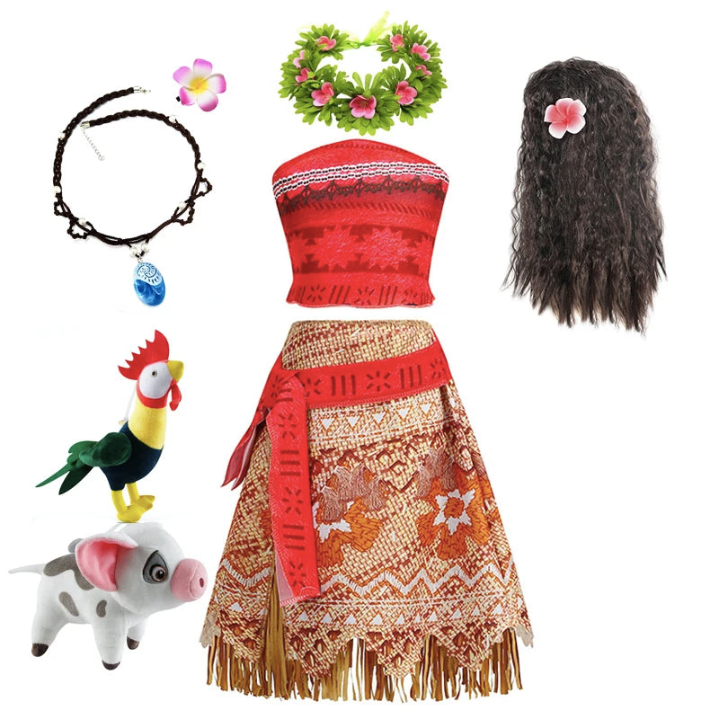 Disney Moana Dress for Kids Girls Princess Vaiana Cosplay Carnival Children Birthday Party Headwear Necklace Pet Pig Chicken Set