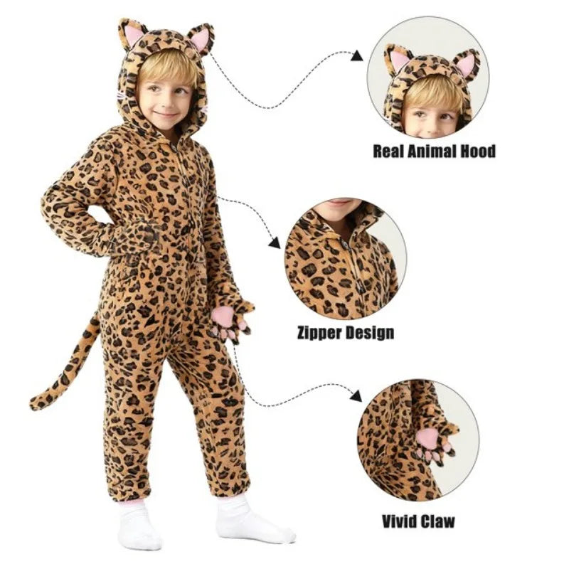 Girls Black Cat Leopard Cat Cosplay Costume Child Anime Pajamas Animal Onesies Kigurumi Christmas Halloween Jumpsuit Party Gift