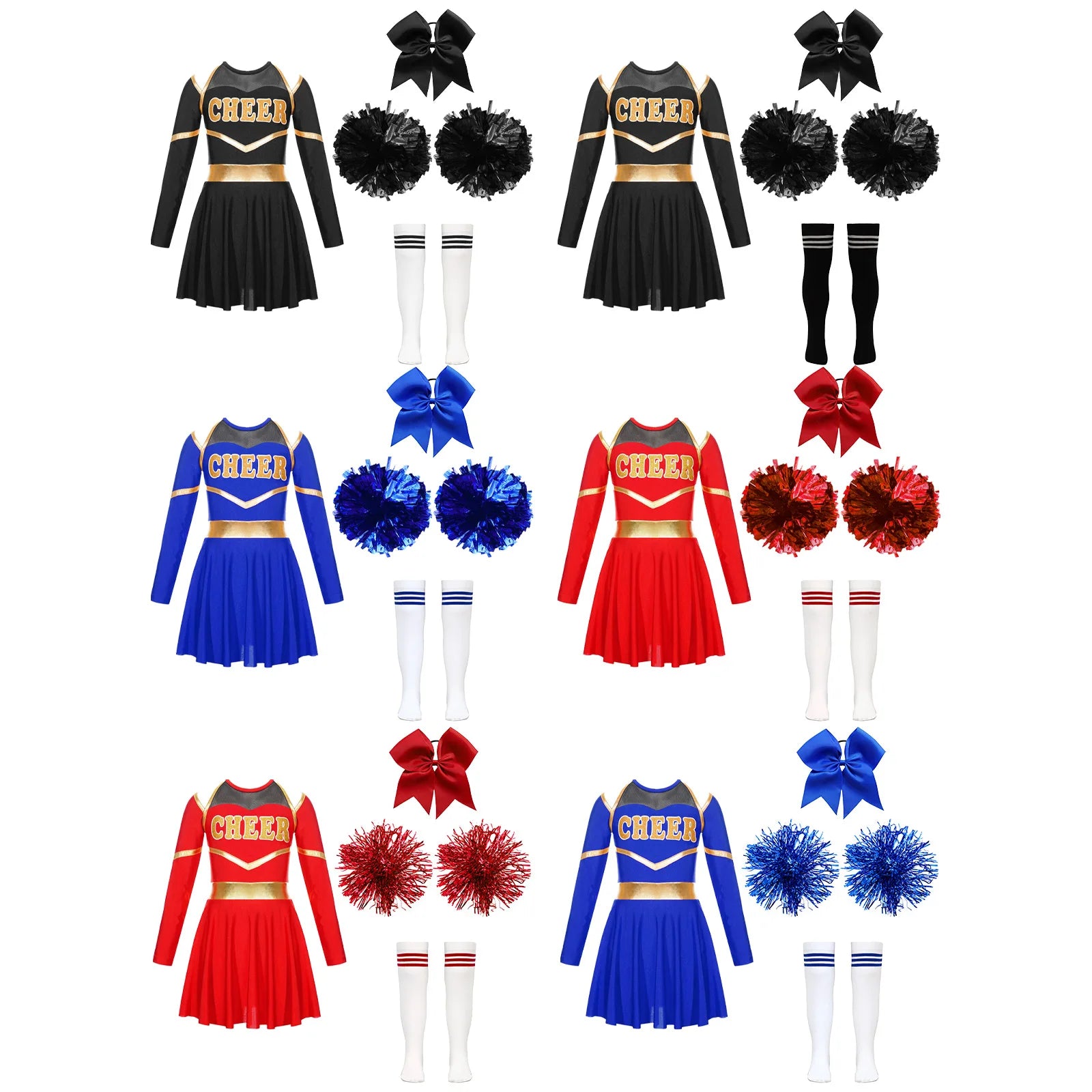 Girl Cheerleading Costumes Dance Uniform Long Sleeves Dance Dress with Hand Flowers Headwear Striped Socks for Stage Performance