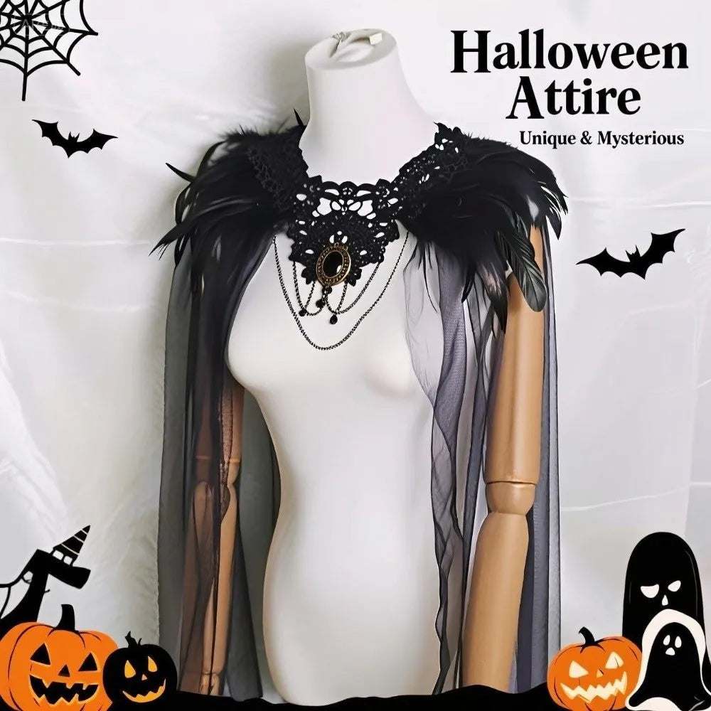 Fashion Gothic Witch Shawl Crystal Funny Halloween Cloak Black Party Tulle Cape Adults