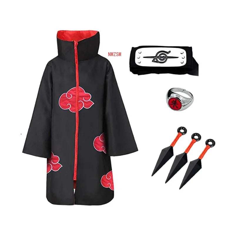 4 Pcs Naruto Costume Akatsuki Cloak Cosplay Sasuke Uchiha Cape Cosplay Itachi Clothing Cosplay costume 2pcs/Pair Colored Lenses
