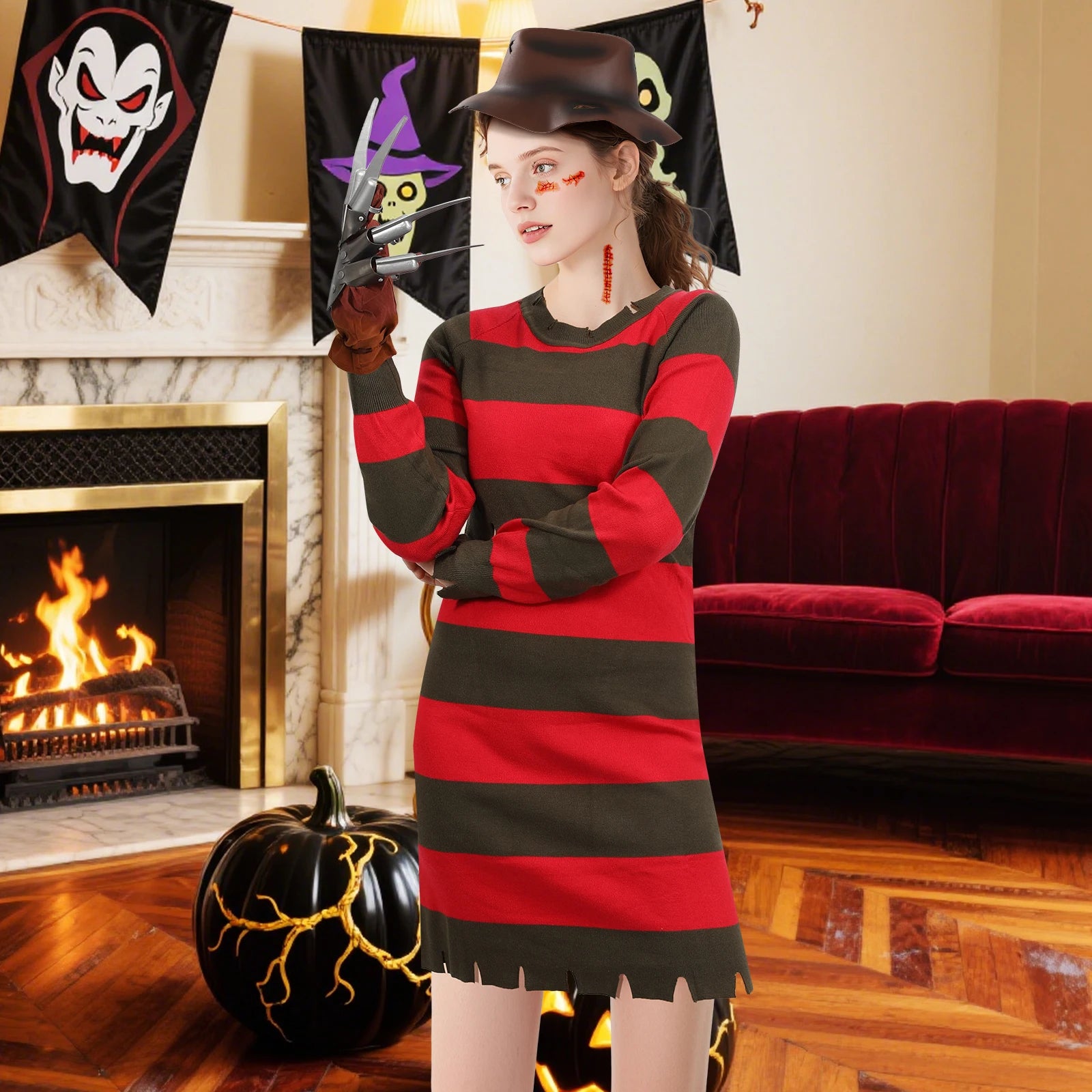 4Pcs Freddy Krueger Costume Women Halloween Nightmare Killer Knitted Dress Hat Gloves Scar Stickers Carnival Costume