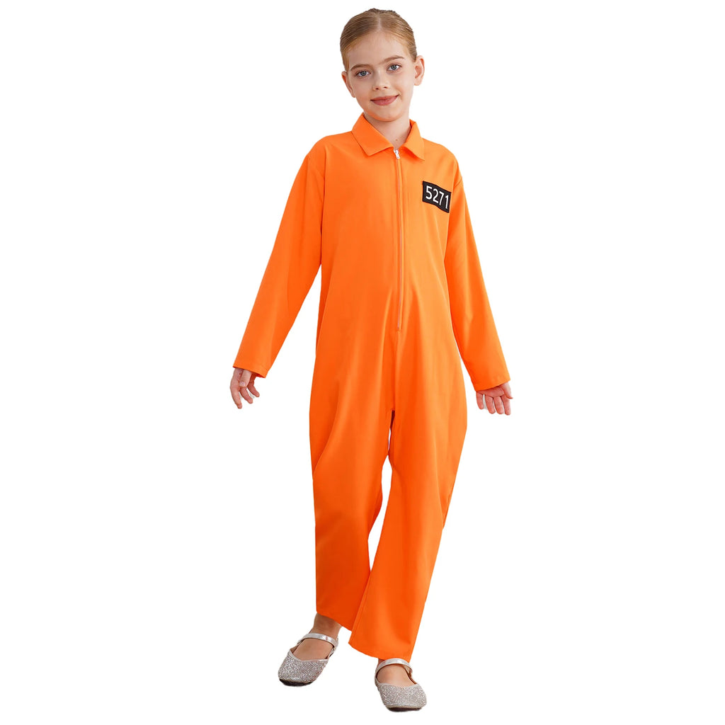 Boys Girls Prisoner Cosplay Costume Halloween Orange Jailbird Inmate Jumpsuit One Piece Full Body Suit Prison Overalls Uniform