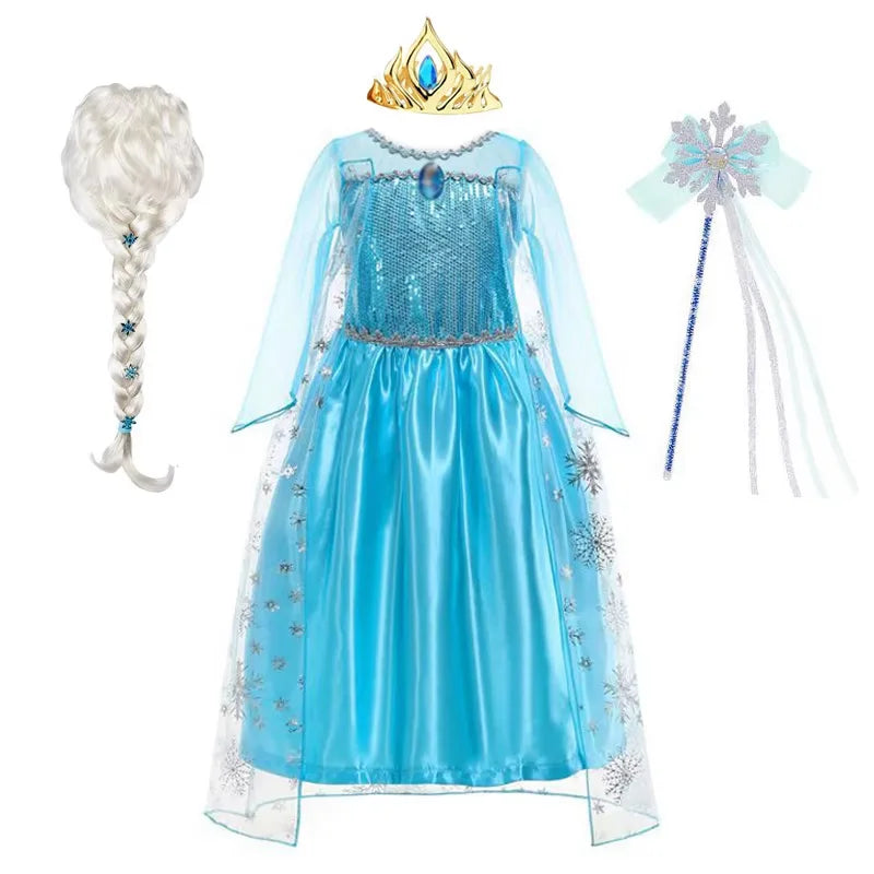 Disney Girls Elsa Princess Dress for Long Sleeve Kids Birthday Cosplay Frozen Costume Fancy 2025 Carnival Dress Up Party Costume