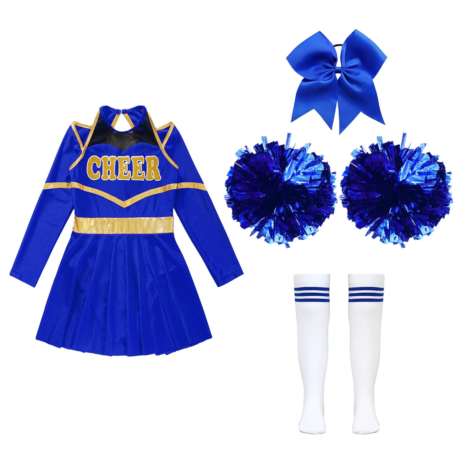 Girl Cheerleading Costumes Dance Uniform Long Sleeves Dance Dress with Hand Flowers Headwear Striped Socks for Stage Performance