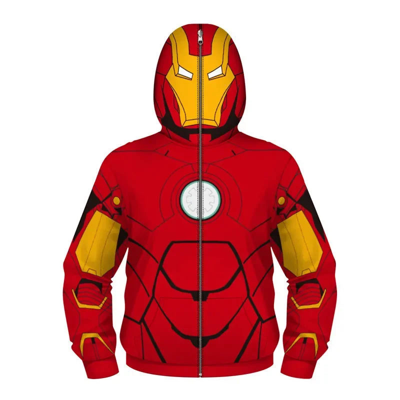 Anime Spiderman /Iron Man Full Zipper Hoodies Cosplay Costume Kids Boys Girls Superhero Cartoon Print Hooded Sweatshirts Outwear