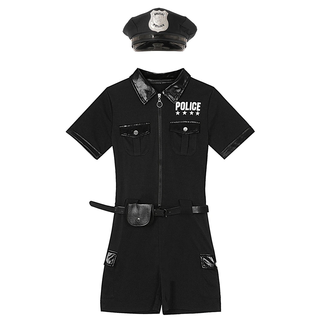 Women Cop Police Uniform Policewoman Cosplay Costume Zipper Short Sleeve Jumpsuit with Belt Purse Hat Halloween Party Clubwear