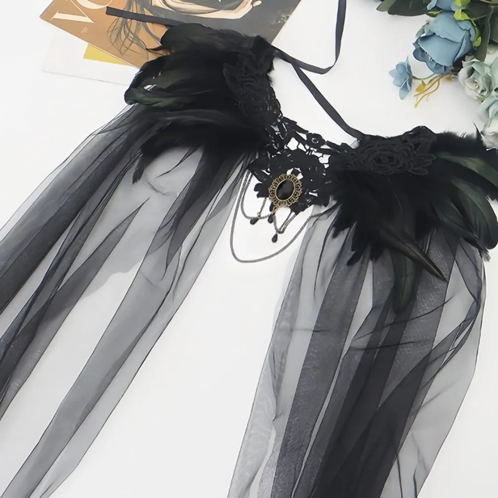 Fashion Gothic Witch Shawl Crystal Funny Halloween Cloak Black Party Tulle Cape Adults