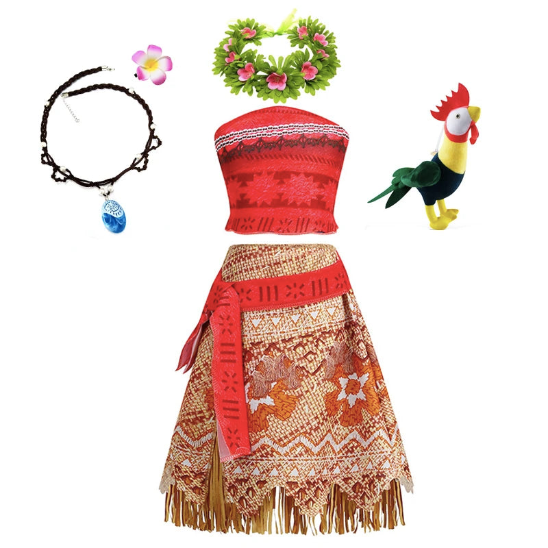 Disney Moana Dress for Kids Girls Princess Vaiana Cosplay Carnival Children Birthday Party Headwear Necklace Pet Pig Chicken Set
