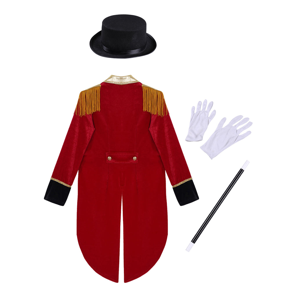 Boys Girls Halloween Circus Ringmaster Cosplay Performance Costume Long Sleeve Tassel Tailcoat with Hat Magic Wand Gloves Set