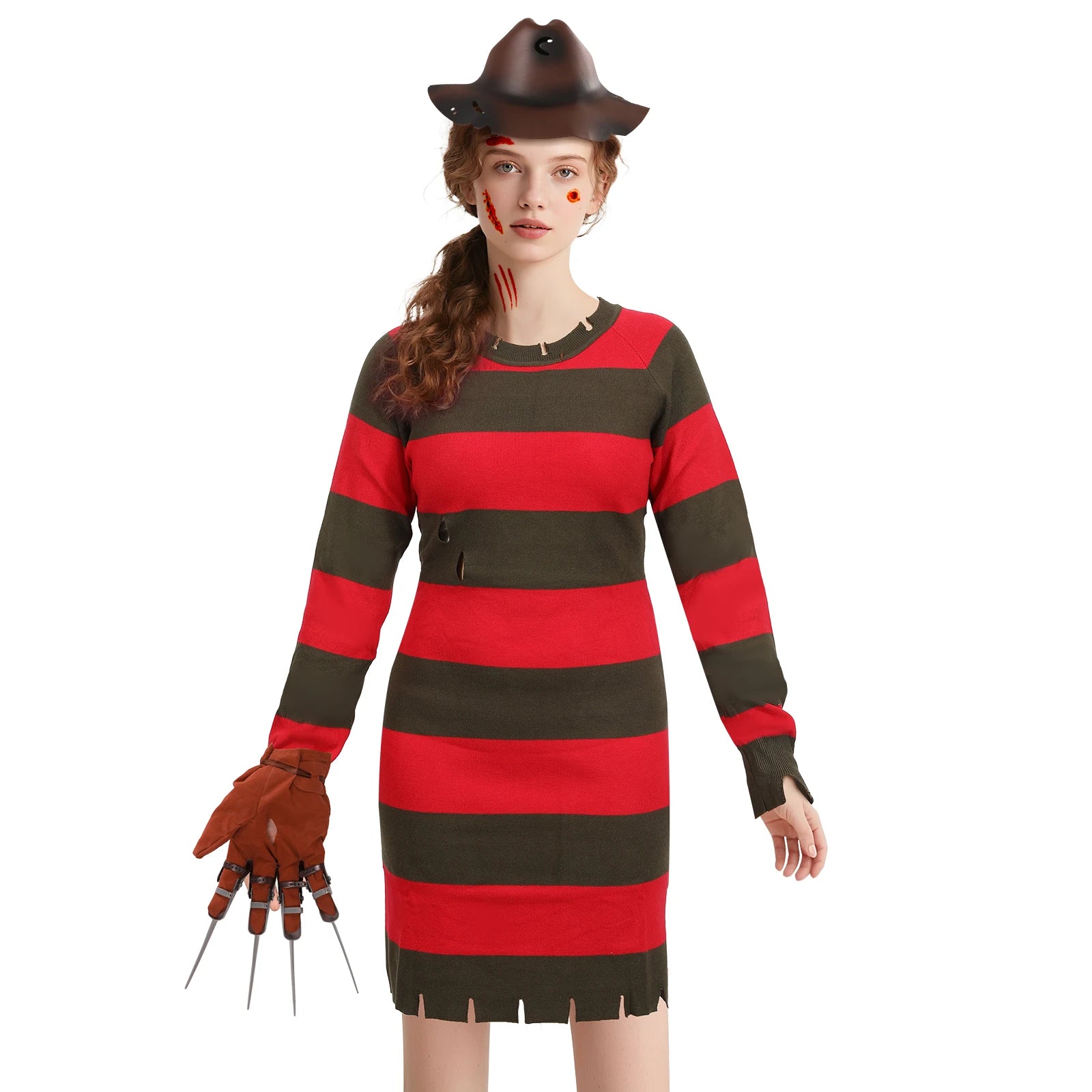 4Pcs Freddy Krueger Costume Women Halloween Nightmare Killer Knitted Dress Hat Gloves Scar Stickers Carnival Costume