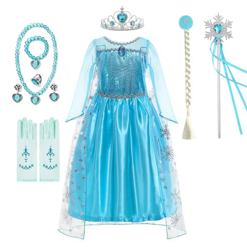 Disney Girls Elsa Princess Dress for Long Sleeve Kids Birthday Cosplay Frozen Costume Fancy 2025 Carnival Dress Up Party Costume
