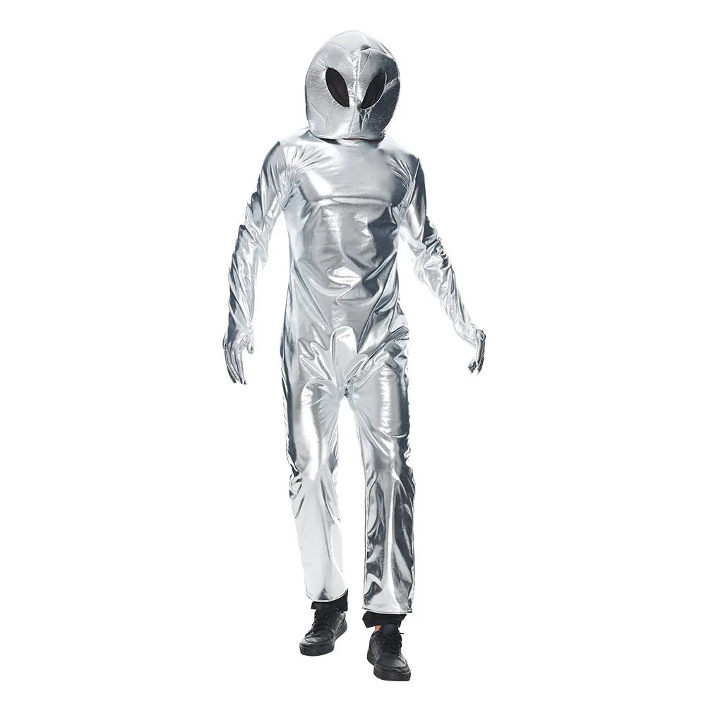 Adult Alien Costume Unisex Halloween Extraterrestrial Space Metallic Bodysuit with Hat Carnival Easter Purim Fancy Dress
