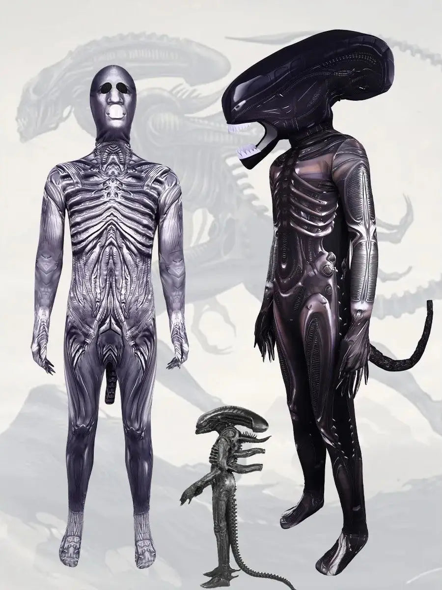 Adult Alien Xenomorph Costume Sci-Fi Movie Monster Halloween Space Monster Costume for Kids Cosplay Party Jumpsuit Dress Up Set