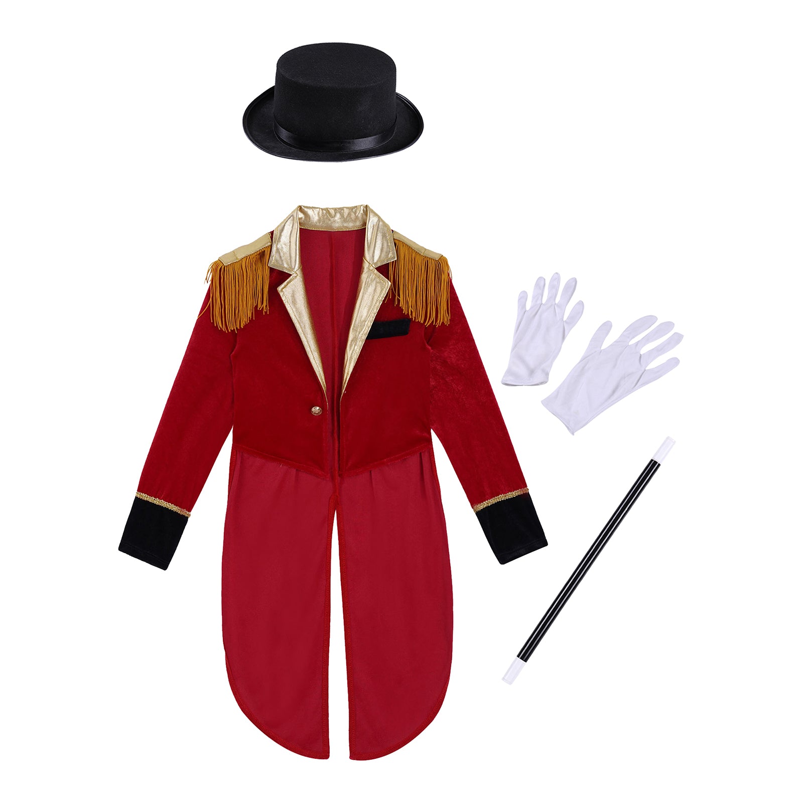 Boys Girls Halloween Circus Ringmaster Cosplay Performance Costume Long Sleeve Tassel Tailcoat with Hat Magic Wand Gloves Set