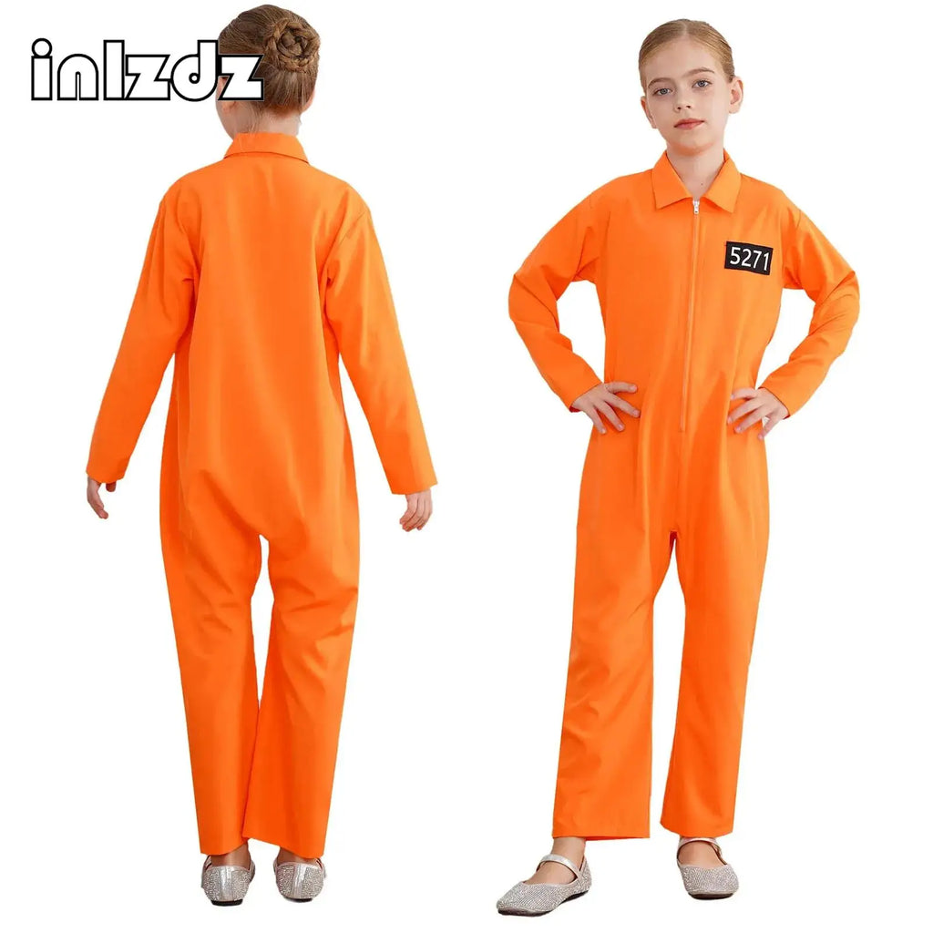 Boys Girls Prisoner Cosplay Costume Halloween Orange Jailbird Inmate Jumpsuit One Piece Full Body Suit Prison Overalls Uniform