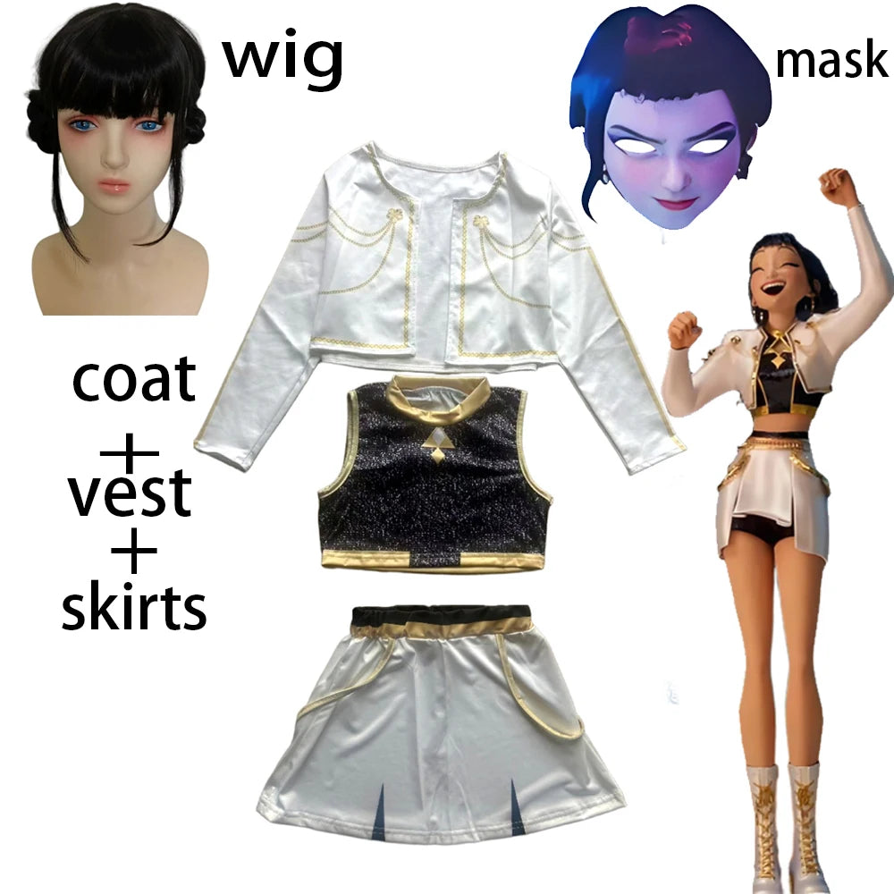 2025 Huntrix Zoey Mira Cosplay Costume for Girls Wig Mask Singing Suits K Pop Demon Hunters Uniform Kids Halloween Party Outfits