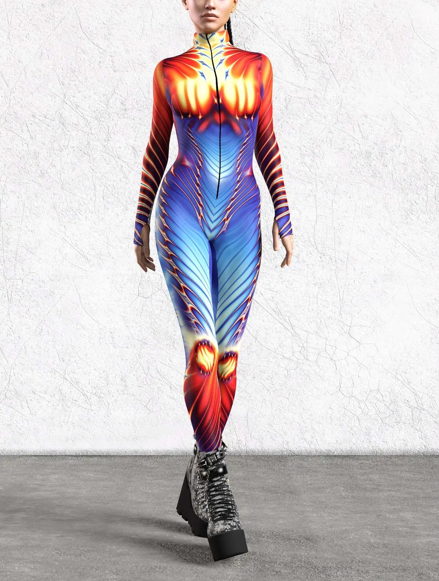Gothic Cyber Cosplay Punk Jumpsuit Zentai Bodysuit Costume Halloween Party Performance Suit Colorful Print