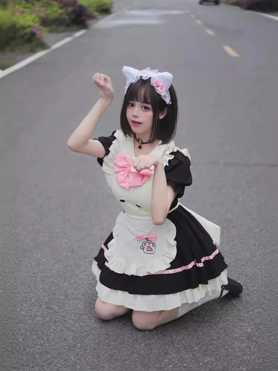 Color Cosplayer Cat Maid Dress Pink Bow Lolita Dress Halloween Party Cosplay Costume Anime Role Disguise Carnival Adult Clothing