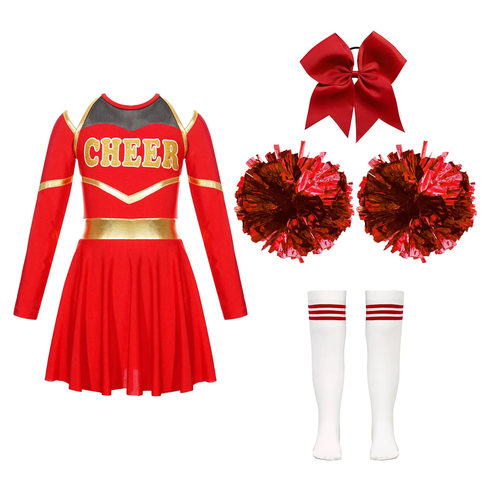 Girl Cheerleading Costumes Dance Uniform Long Sleeves Dance Dress with Hand Flowers Headwear Striped Socks for Stage Performance
