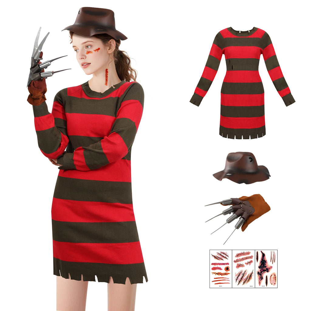 4Pcs Freddy Krueger Costume Women Halloween Nightmare Killer Knitted Dress Hat Gloves Scar Stickers Carnival Costume