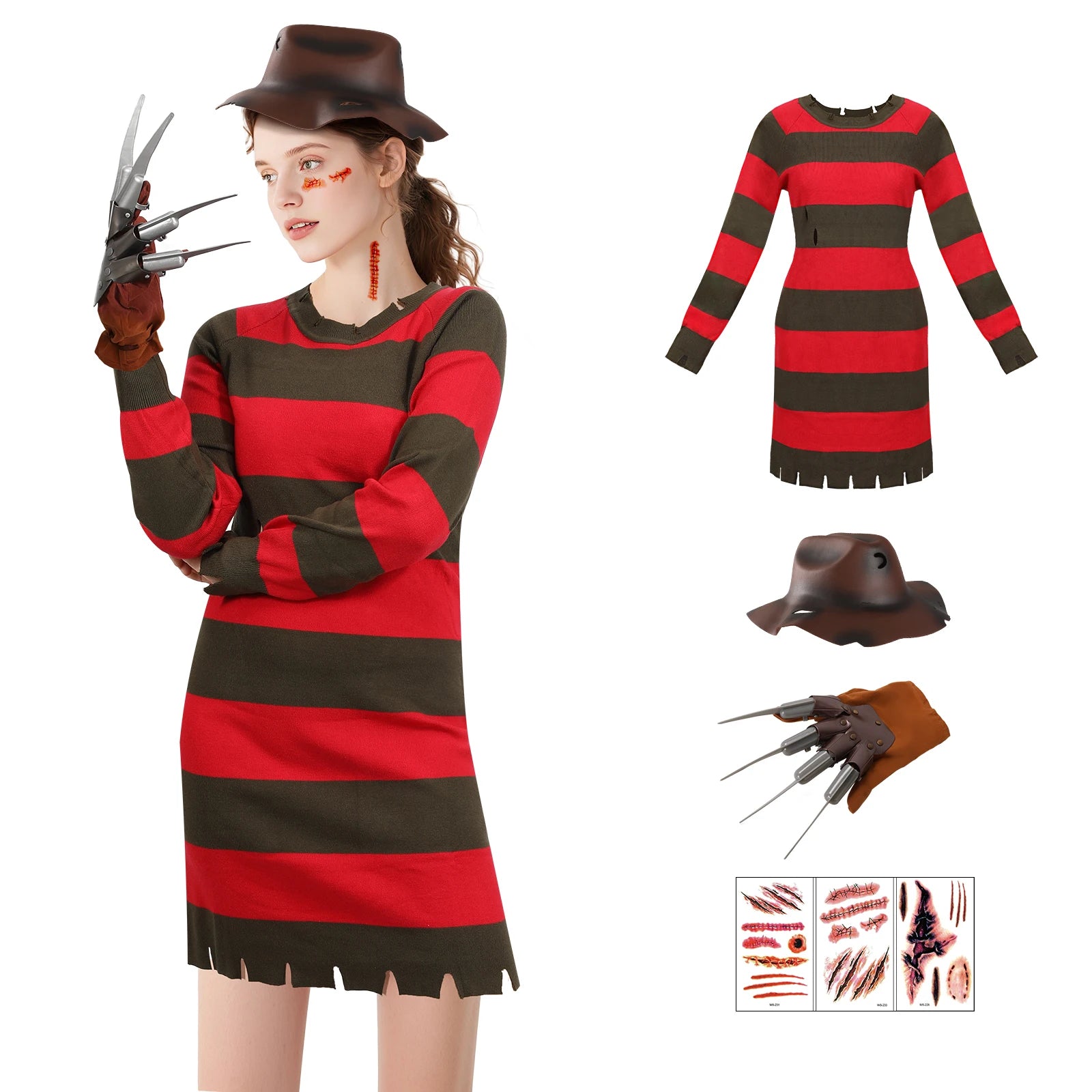 4Pcs Freddy Krueger Costume Women Halloween Nightmare Killer Knitted Dress Hat Gloves Scar Stickers Carnival Costume