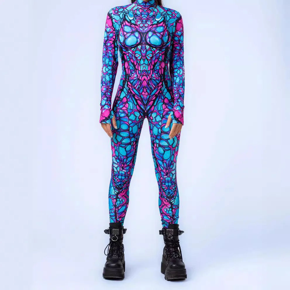 Gothic Cyber Cosplay Punk Jumpsuit Zentai Bodysuit Costume Halloween Party Performance Suit Colorful Print