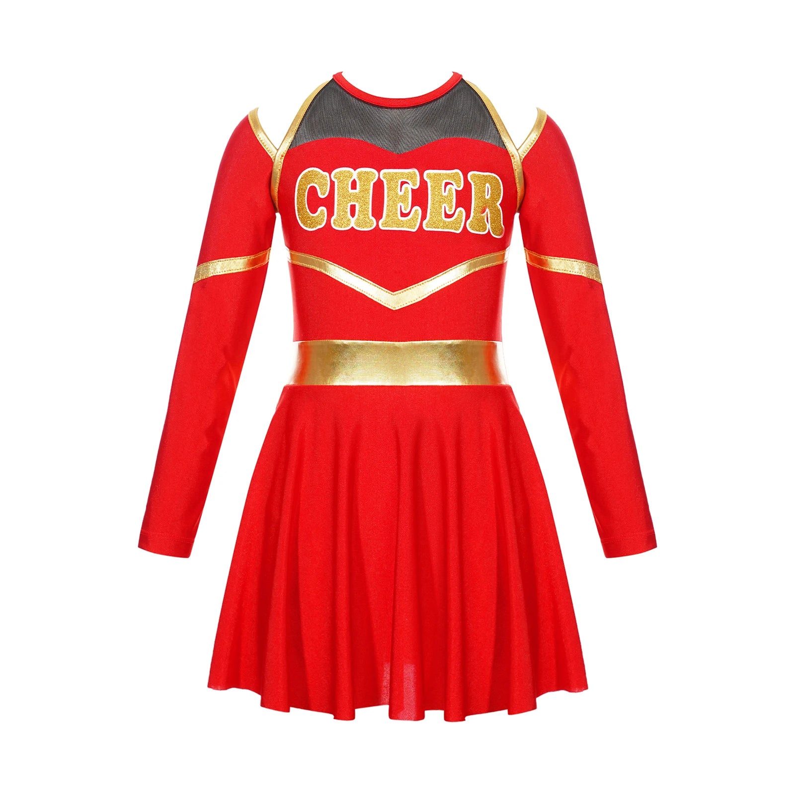 Girl Cheerleading Costumes Dance Uniform Long Sleeves Dance Dress with Hand Flowers Headwear Striped Socks for Stage Performance