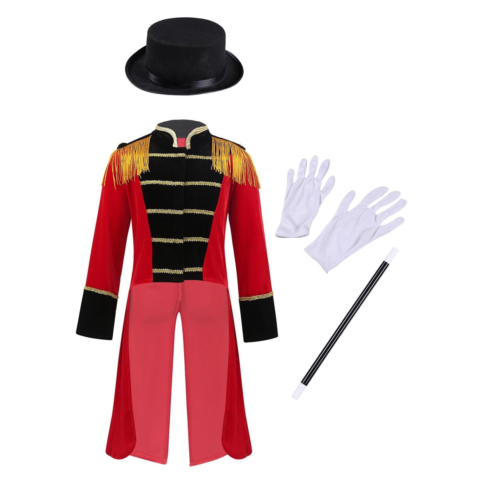Boys Girls Halloween Circus Ringmaster Cosplay Performance Costume Long Sleeve Tassel Tailcoat with Hat Magic Wand Gloves Set