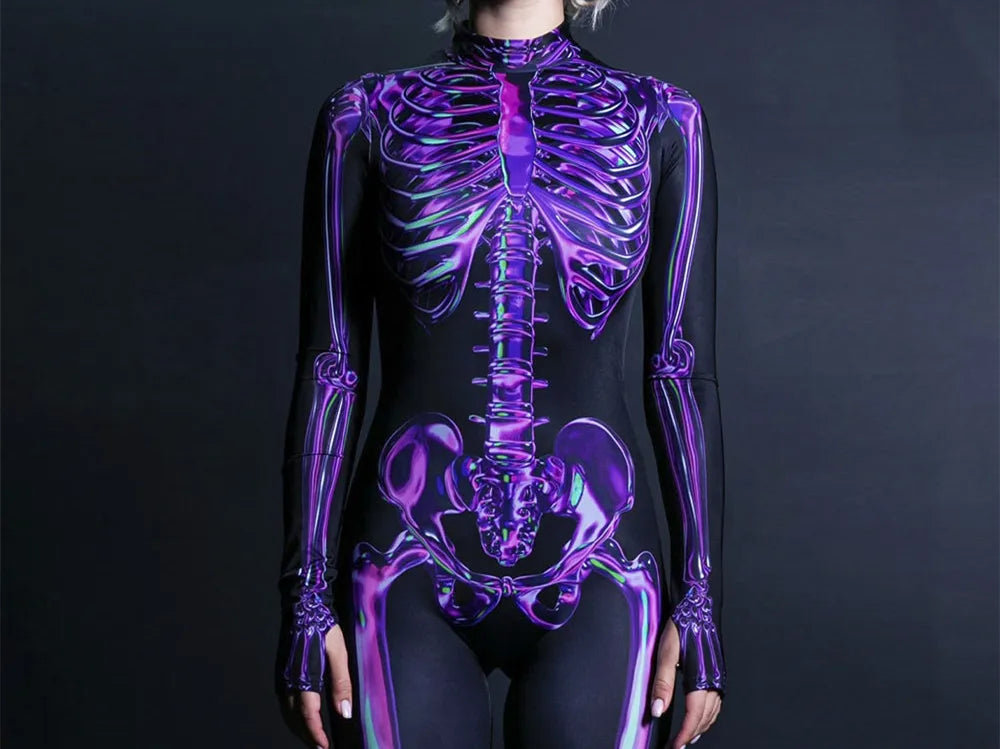 Adult Sexy Women Scary Ghost Skull Bone Costume Rose Skeleton Onesie Printed Bodysuit Devil Jumpsuit Halloween Clothing Zentai