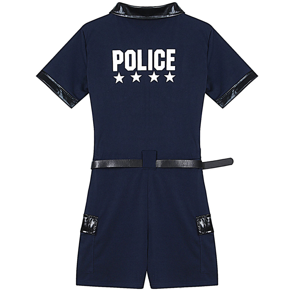 Women Cop Police Uniform Policewoman Cosplay Costume Zipper Short Sleeve Jumpsuit with Belt Purse Hat Halloween Party Clubwear
