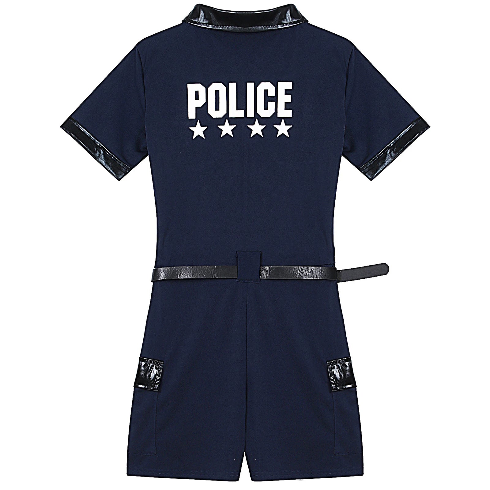 Women Cop Police Uniform Policewoman Cosplay Costume Zipper Short Sleeve Jumpsuit with Belt Purse Hat Halloween Party Clubwear