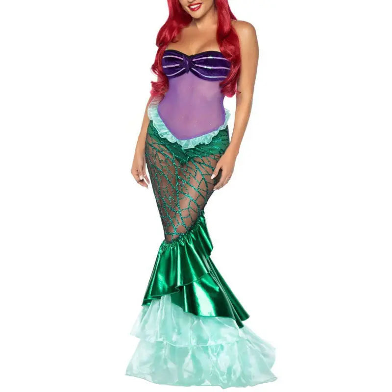 Anime Sexy Mermaid Ariel Princess Costumes Adult Women Halloween Mermaid Masquerade Uniforms Dress Up Fancy Sequins Ruffle Dress
