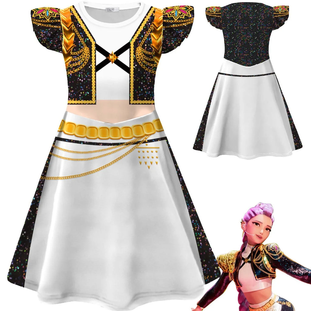 Anime Movie Kpop Rumi Demon Hunter Zoe Dress Up Huntrix Mira Cosplay Flying Sleeve Dress Girls Kids Halloween Party Costume