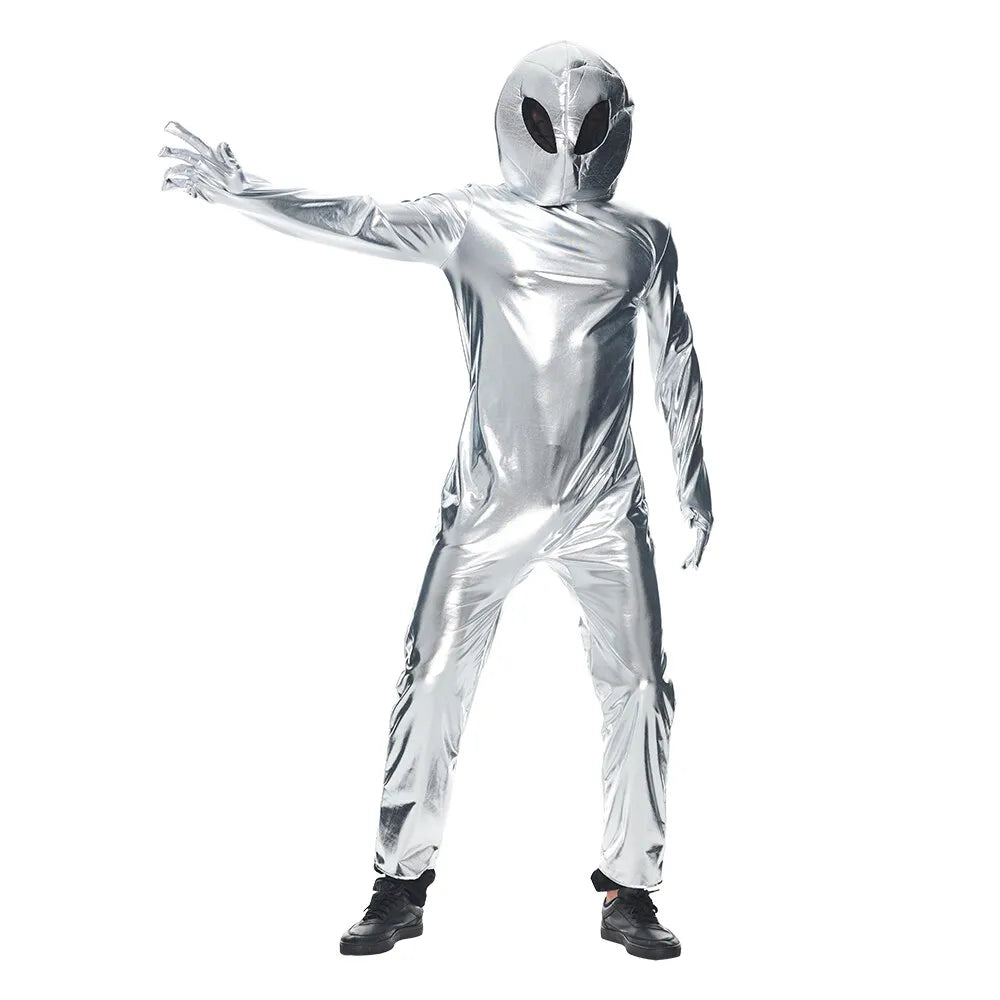 Adult Alien Costume Unisex Halloween Extraterrestrial Space Metallic Bodysuit with Hat Carnival Easter Purim Fancy Dress