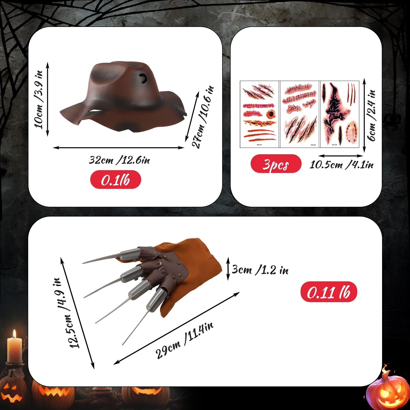 4Pcs Freddy Krueger Costume Women Halloween Nightmare Killer Knitted Dress Hat Gloves Scar Stickers Carnival Costume