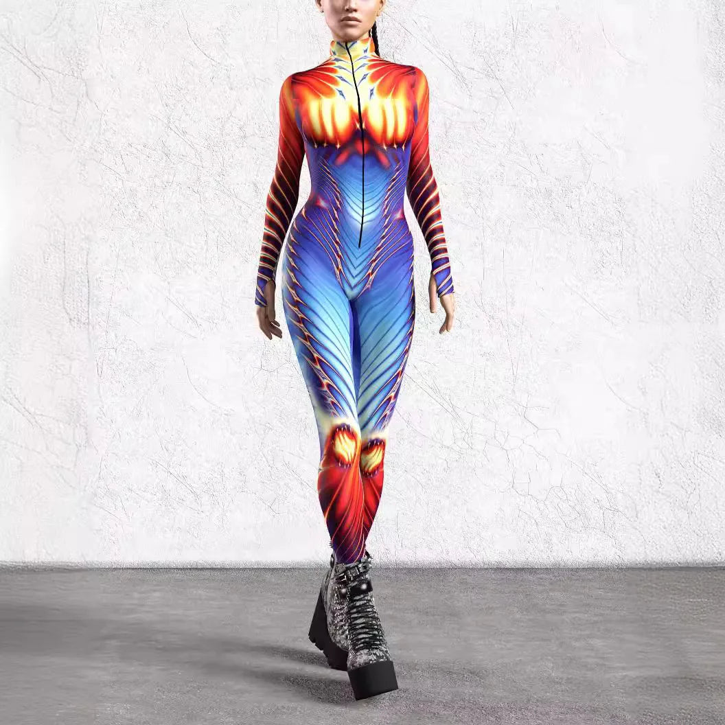 Gothic Cyber Cosplay Punk Jumpsuit Zentai Bodysuit Costume Halloween Party Performance Suit Colorful Print