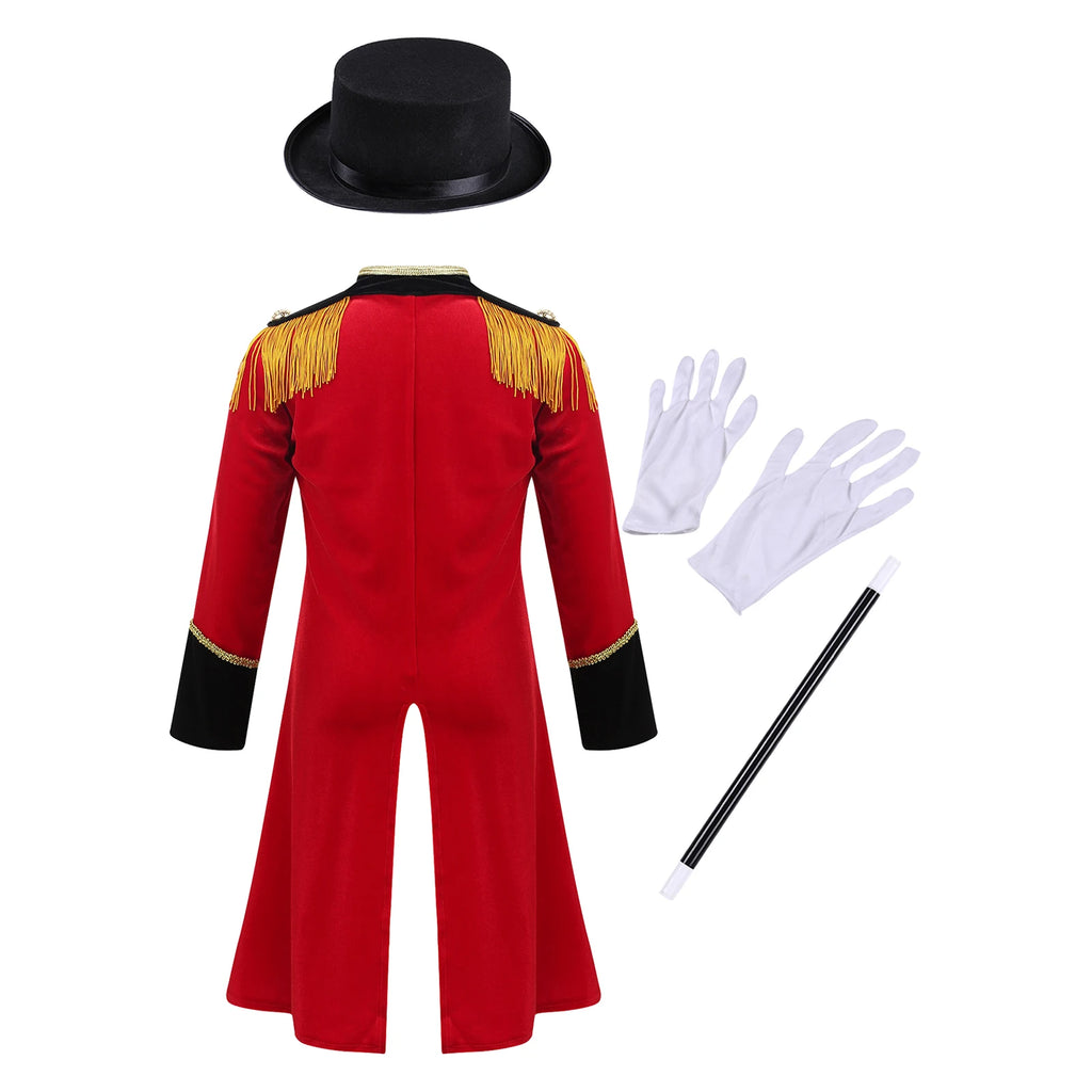 Boys Girls Halloween Circus Ringmaster Cosplay Performance Costume Long Sleeve Tassel Tailcoat with Hat Magic Wand Gloves Set