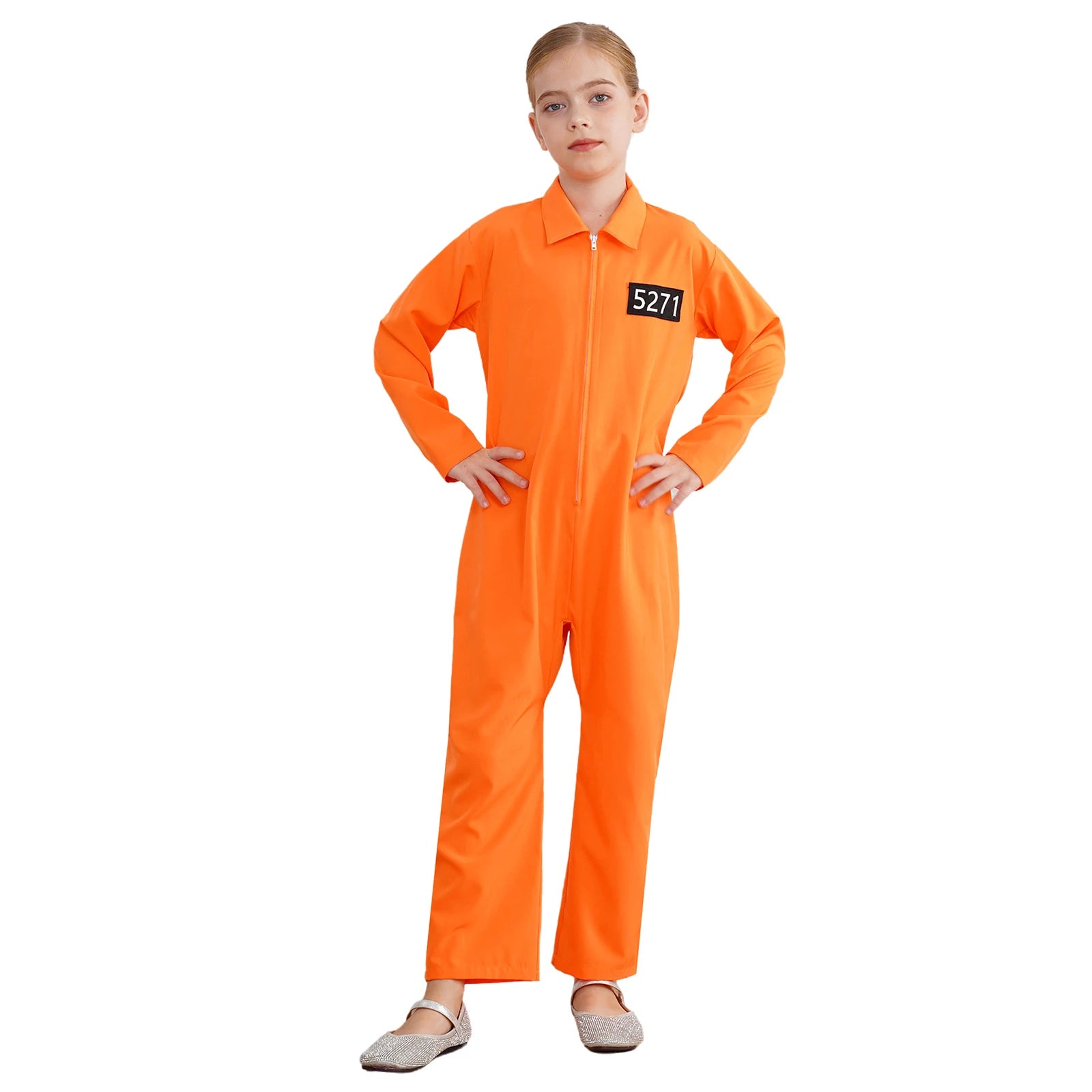Boys Girls Prisoner Cosplay Costume Halloween Orange Jailbird Inmate Jumpsuit One Piece Full Body Suit Prison Overalls Uniform
