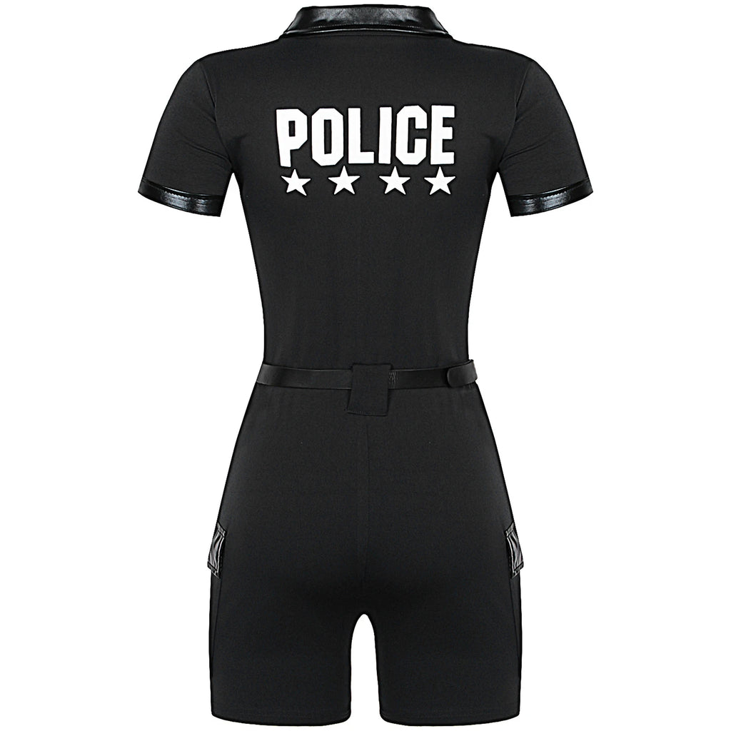 Women Cop Police Uniform Policewoman Cosplay Costume Zipper Short Sleeve Jumpsuit with Belt Purse Hat Halloween Party Clubwear