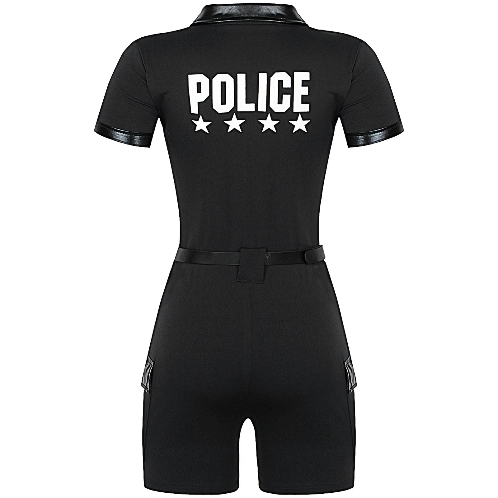 Women Cop Police Uniform Policewoman Cosplay Costume Zipper Short Sleeve Jumpsuit with Belt Purse Hat Halloween Party Clubwear