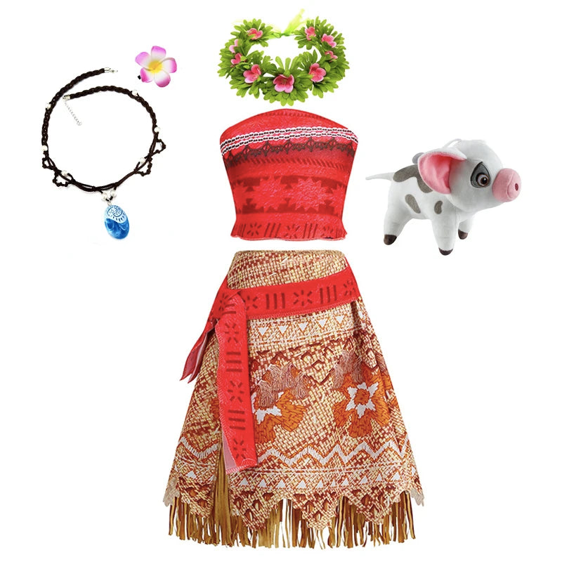 Disney Moana Dress for Kids Girls Princess Vaiana Cosplay Carnival Children Birthday Party Headwear Necklace Pet Pig Chicken Set