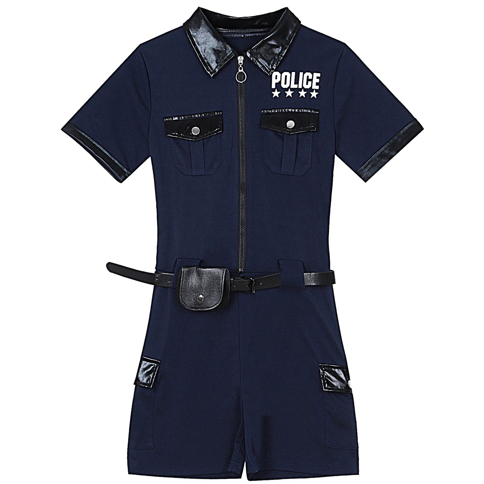 Women Cop Police Uniform Policewoman Cosplay Costume Zipper Short Sleeve Jumpsuit with Belt Purse Hat Halloween Party Clubwear